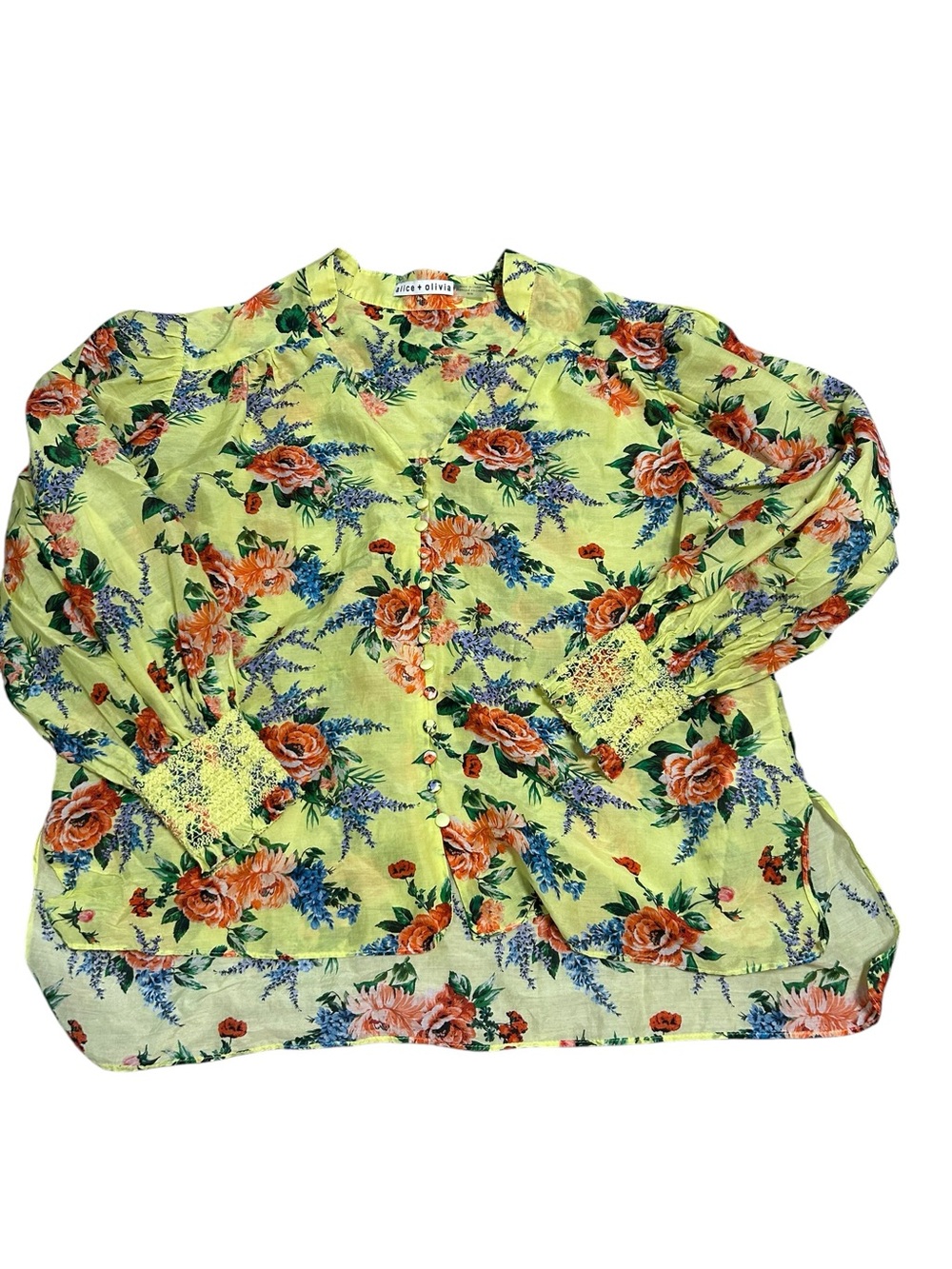 Alice + Olivia Serena yellow floral silk blend top size medium peasant boho - Picture 3 of 9